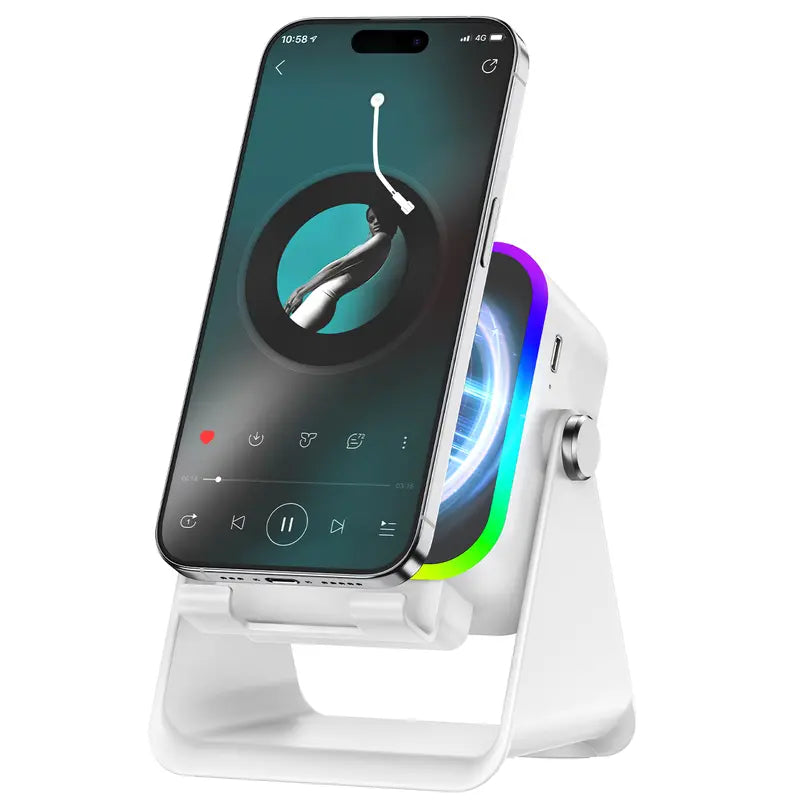 Wireless Induction Bluetooth Speaker with Adjustable Phone Stand | RGB Lights & 3500mAh Battery