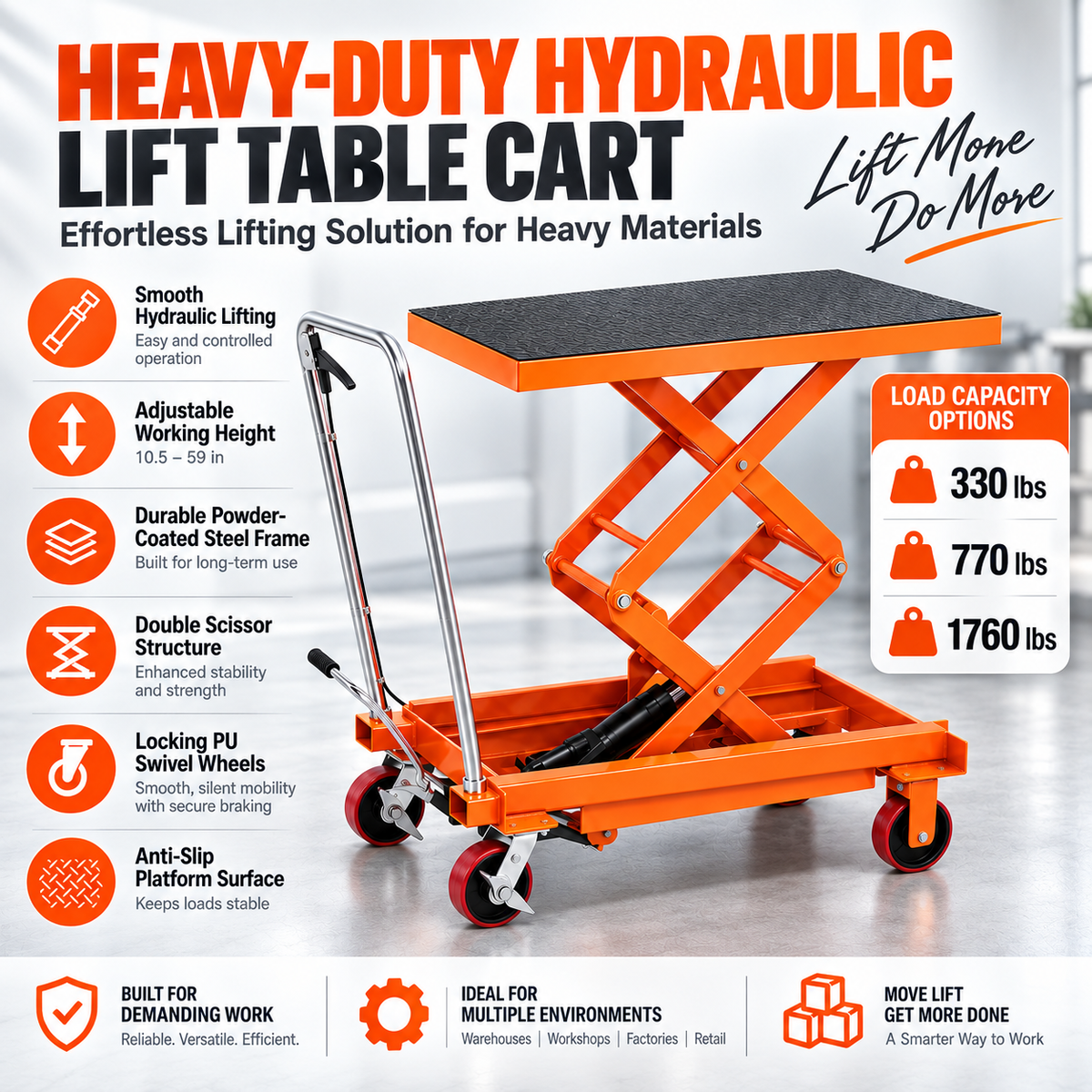 Hydraulic Lift Table Cart – Heavy Duty Scissor Lift Platform Cart for Garage, Workshop & Warehouse Material Handling