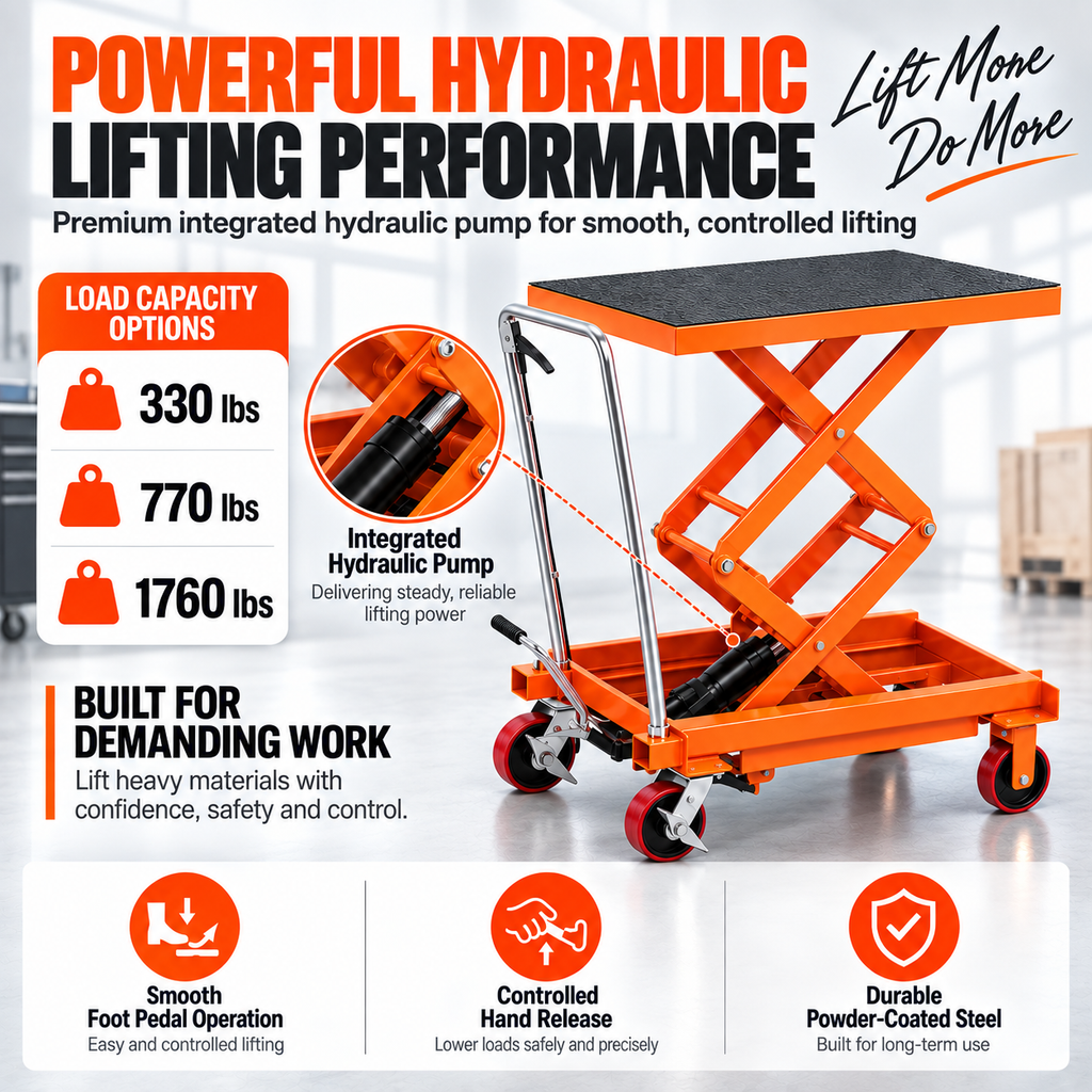 Hydraulic Lift Table Cart – Heavy Duty Scissor Lift Platform Cart for Garage, Workshop & Warehouse Material Handling