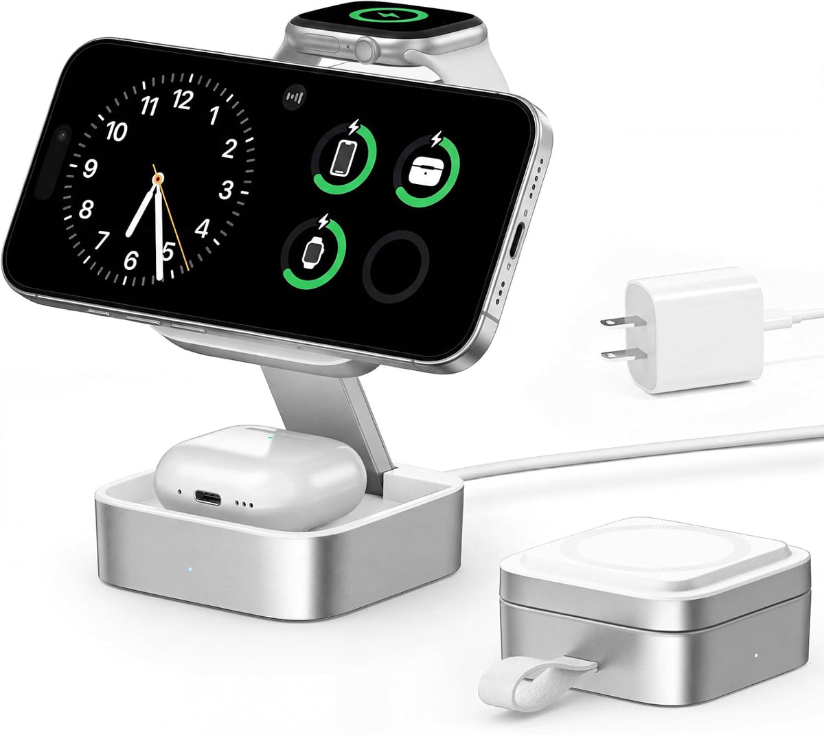 3-in-1 Foldable Magnetic Charging Station | 15W Fast Charger for iPhone, Apple Watch & AirPods | 20W Adapter Included