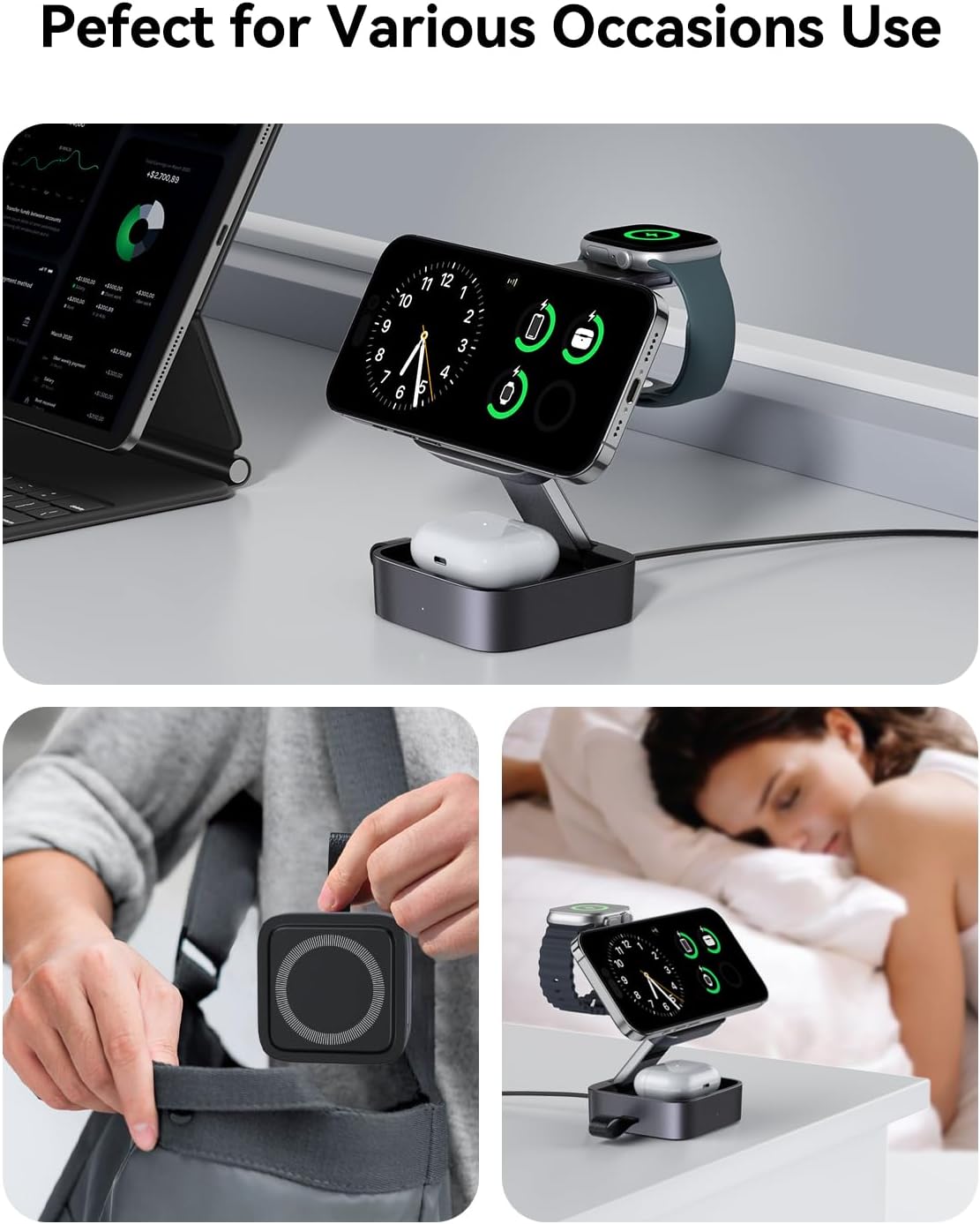 3-in-1 Foldable Magnetic Charging Station | 15W Fast Charger for iPhone, Apple Watch & AirPods | 20W Adapter Included
