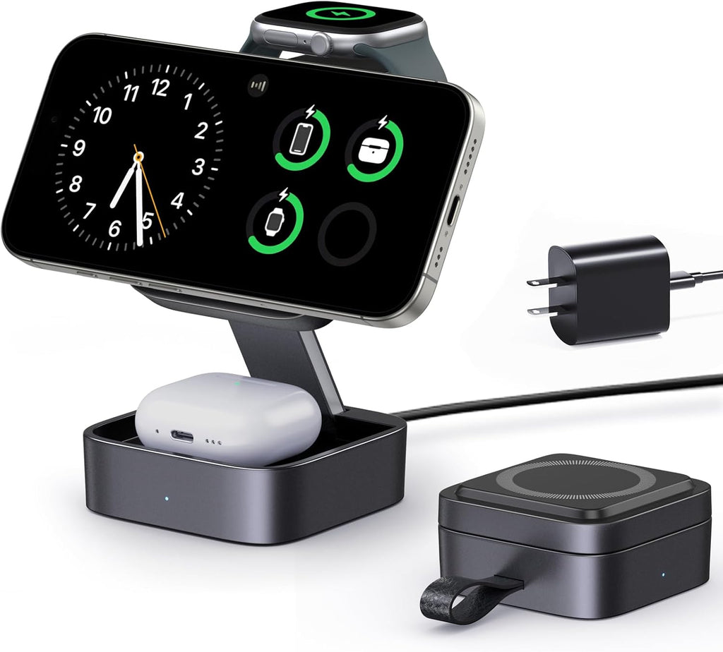 3-in-1 Foldable Magnetic Charging Station | 15W Fast Charger for iPhone, Apple Watch & AirPods | 20W Adapter Included