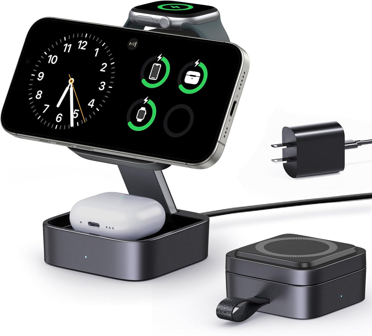 3-in-1 Foldable Magnetic Charging Station | 15W Fast Charger for iPhone, Apple Watch & AirPods | 20W Adapter Included