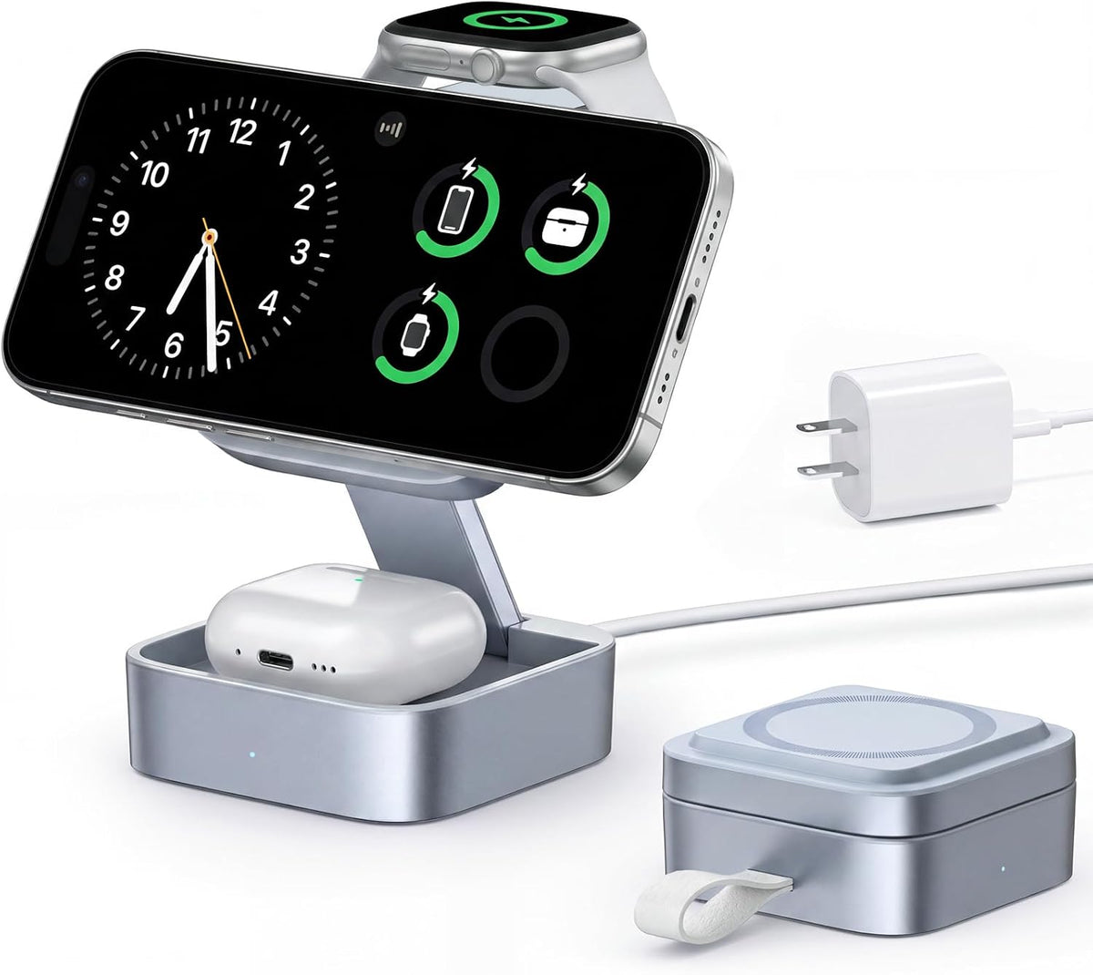 3-in-1 Foldable Magnetic Charging Station | 15W Fast Charger for iPhone, Apple Watch & AirPods | 20W Adapter Included