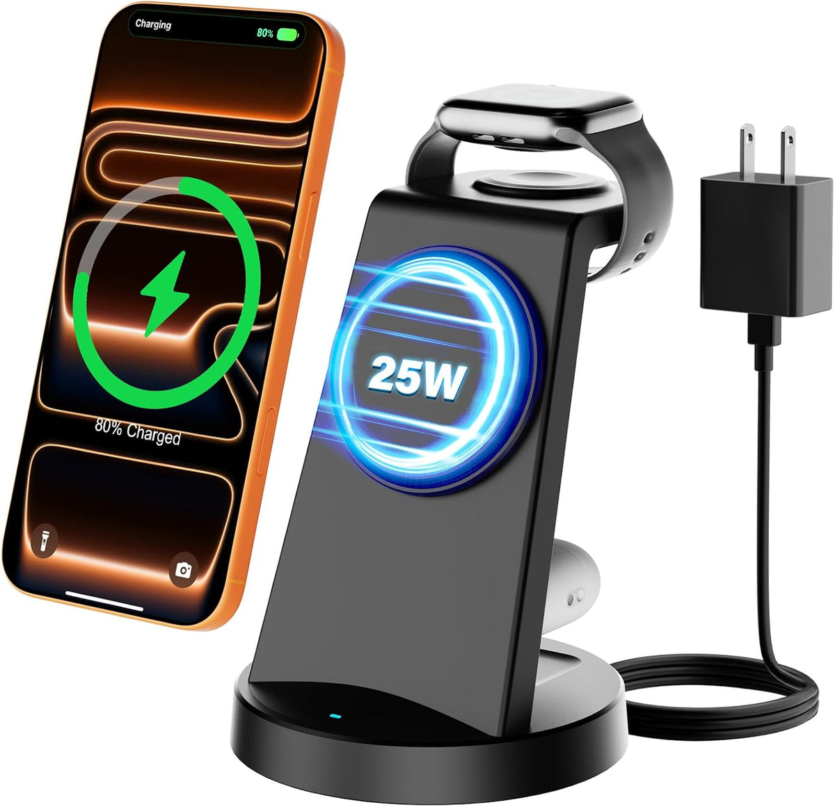 3-in-1 Magnetic Wireless Charging Station | 25W Fast Charger for iPhone, Apple Watch & AirPods | 45W Adapter Included