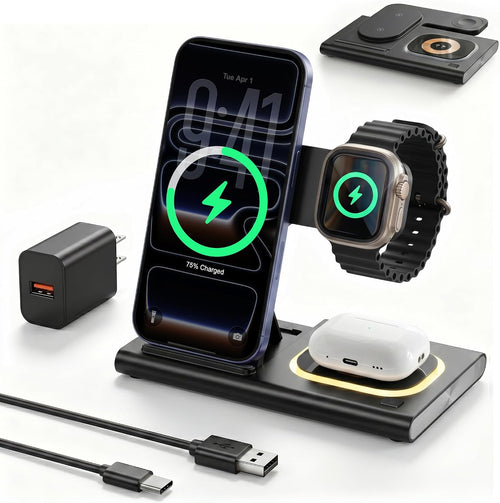 3-in-1 Foldable Wireless Charging Station for iPhone, Apple Watch & AirPods | 15W Fast Charger with LED Night Light | Black