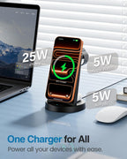 3-in-1 Magnetic Wireless Charging Station | 25W Fast Charger for iPhone, Apple Watch & AirPods | 45W Adapter Included