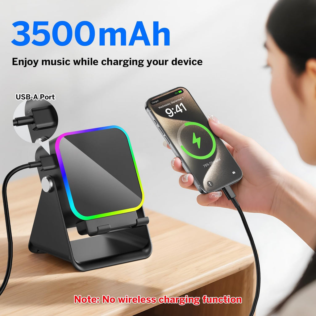 Wireless Induction Bluetooth Speaker with Adjustable Phone Stand | RGB Lights & 3500mAh Battery