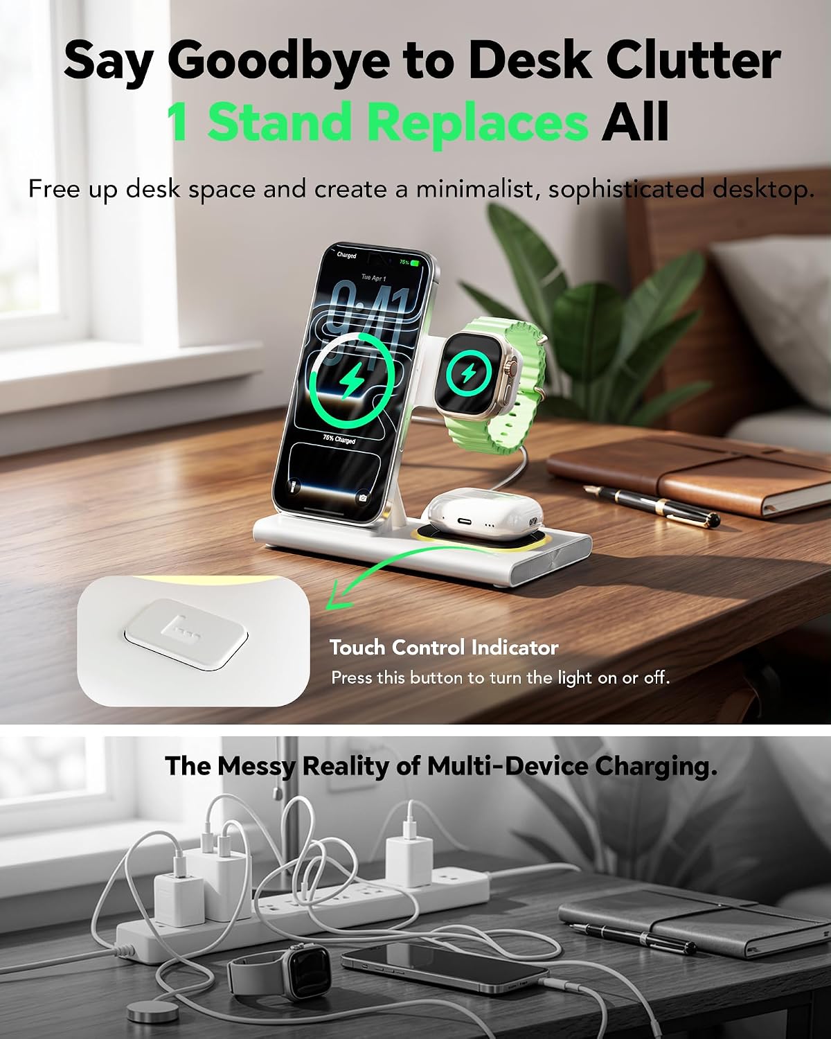 3-in-1 Foldable Wireless Charging Station for iPhone, Apple Watch & AirPods | 15W Fast Charger with LED Night Light | Black