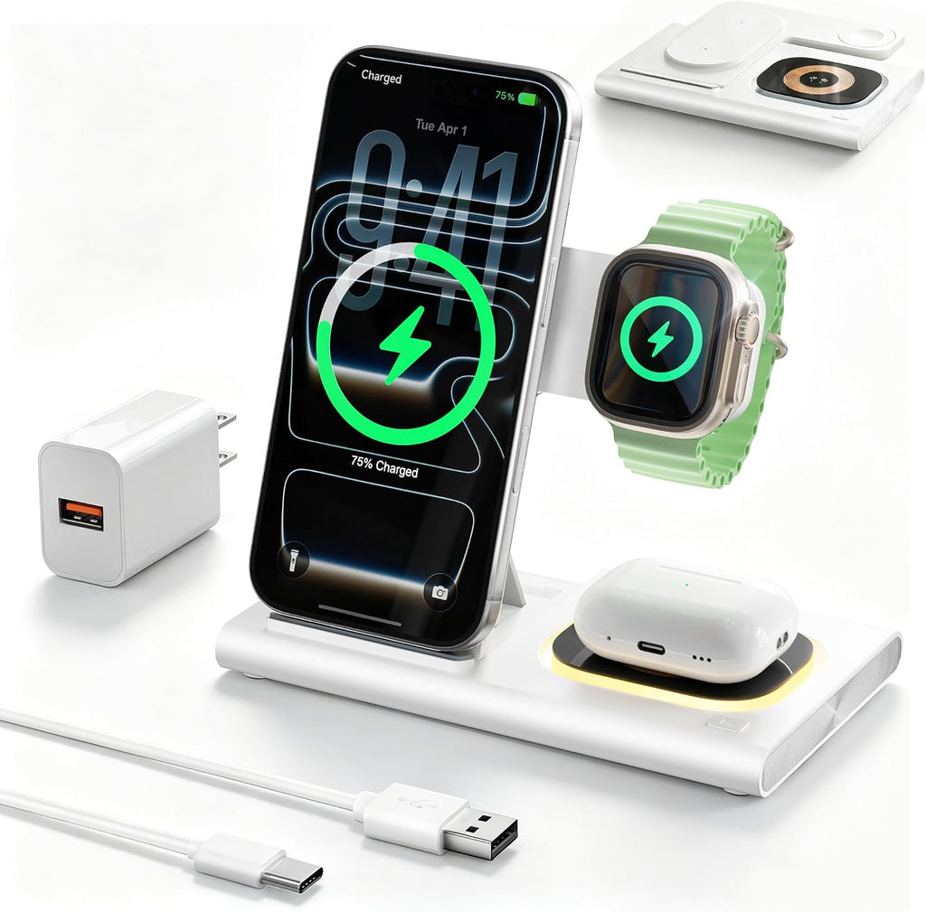 3-in-1 Foldable Wireless Charging Station for iPhone, Apple Watch & AirPods | 15W Fast Charger with LED Night Light | Black