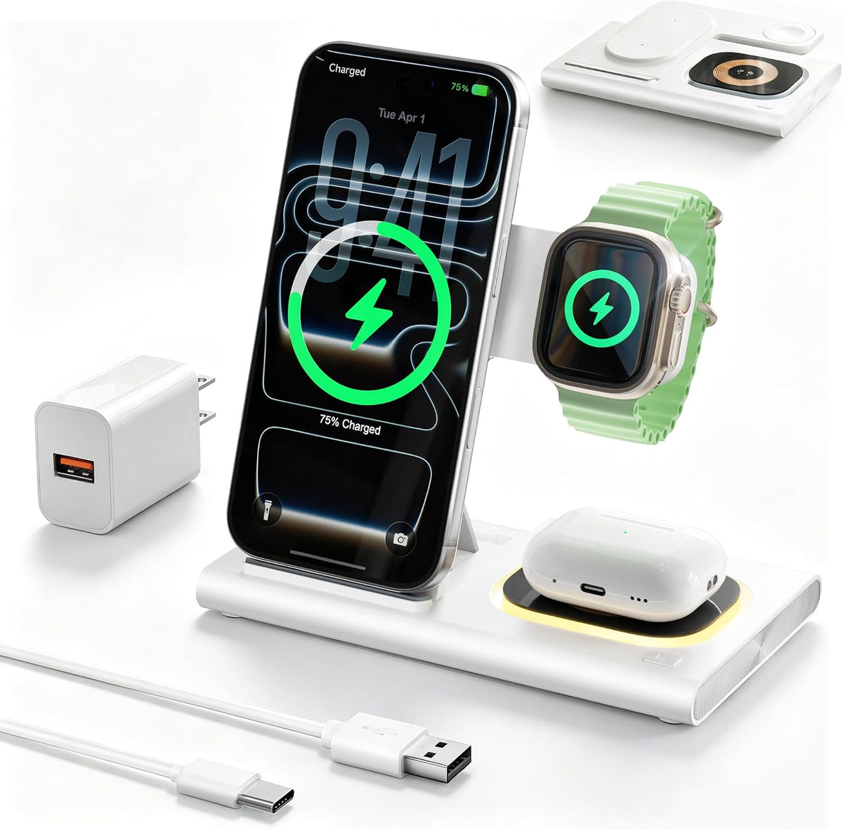 3-in-1 Foldable Wireless Charging Station for iPhone, Apple Watch & AirPods | 15W Fast Charger with LED Night Light | Black
