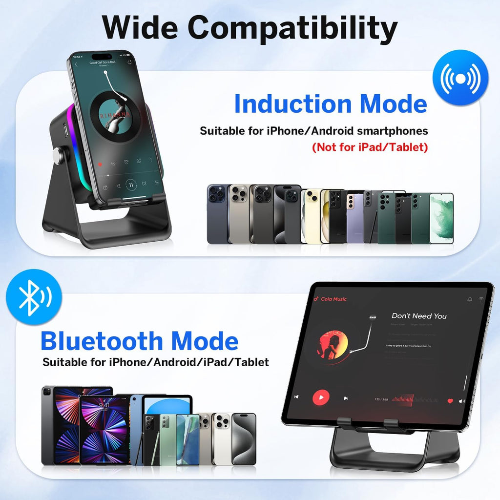 Wireless Induction Bluetooth Speaker with Adjustable Phone Stand | RGB Lights & 3500mAh Battery