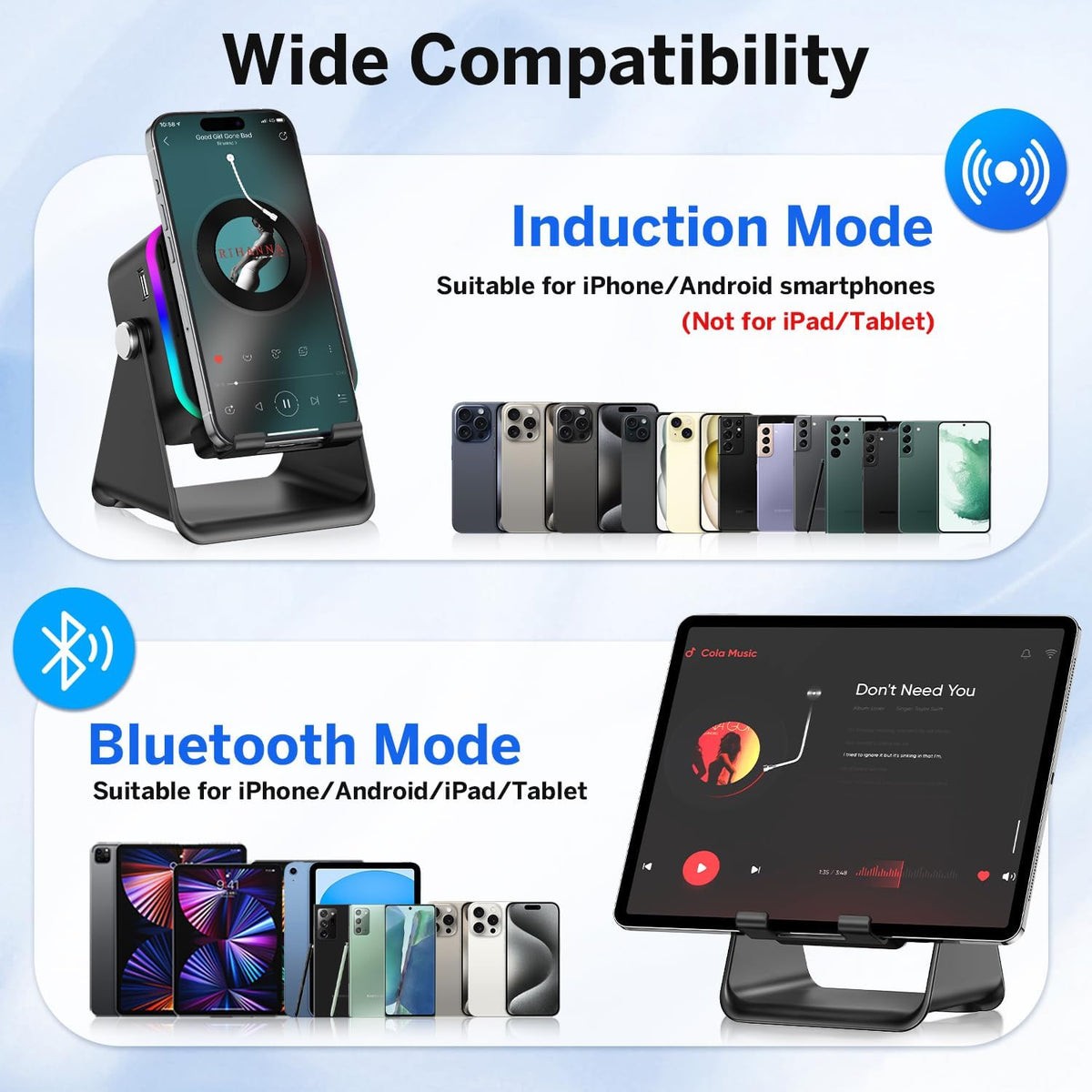 Wireless Induction Bluetooth Speaker with Adjustable Phone Stand | RGB Lights & 3500mAh Battery