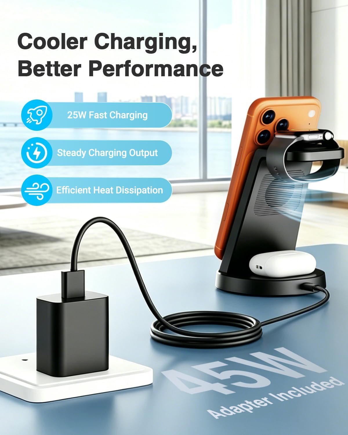 3-in-1 Magnetic Wireless Charging Station | 25W Fast Charger for iPhone, Apple Watch & AirPods | 45W Adapter Included