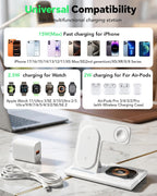 3-in-1 Foldable Wireless Charging Station for iPhone, Apple Watch & AirPods | 15W Fast Charger with LED Night Light | Black
