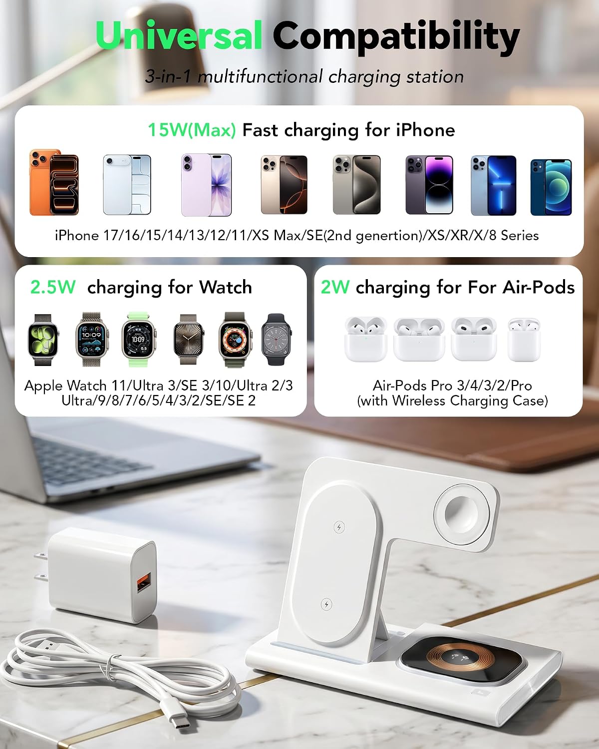 3-in-1 Foldable Wireless Charging Station for iPhone, Apple Watch & AirPods | 15W Fast Charger with LED Night Light | Black