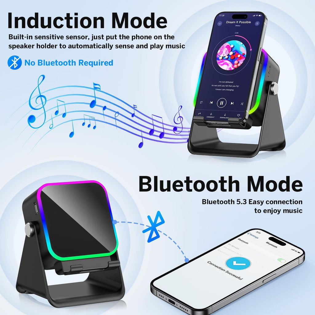 Wireless Induction Bluetooth Speaker with Adjustable Phone Stand | RGB Lights & 3500mAh Battery