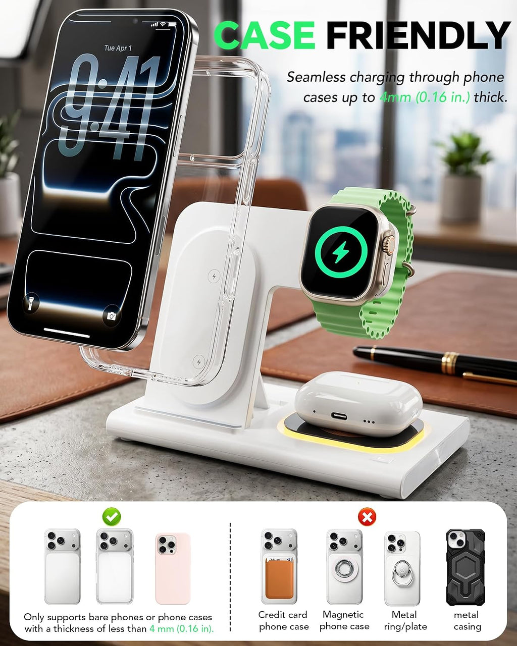 3-in-1 Foldable Wireless Charging Station for iPhone, Apple Watch & AirPods | 15W Fast Charger with LED Night Light | Black