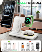 3-in-1 Foldable Wireless Charging Station for iPhone, Apple Watch & AirPods | 15W Fast Charger with LED Night Light | Black