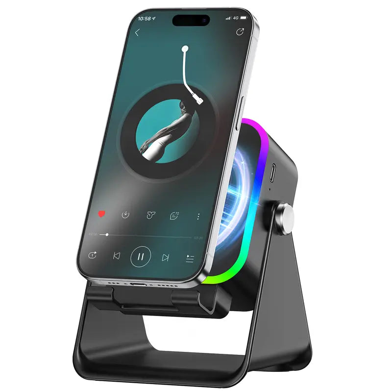 Wireless Induction Bluetooth Speaker with Adjustable Phone Stand | RGB Lights & 3500mAh Battery